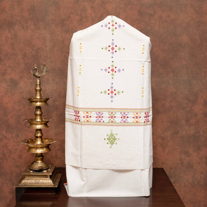 Handloom Kala Cotton Suit Set with Mirror Work – Kurta, Bottom & Dupatta