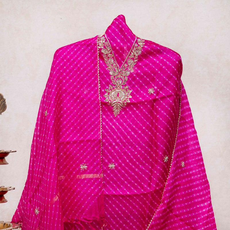 Kota Silk Tie-Dye Kurta & Dupatta – Zari Embroidery