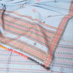 Handwoven Woollen Sky Blue Shawl With Mirror Work