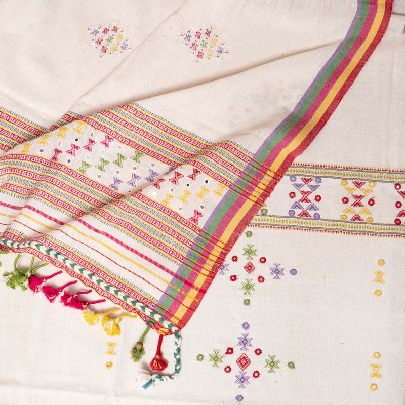 Handloom Kala Cotton Suit Set with Mirror Work – Kurta, Bottom & Dupatta