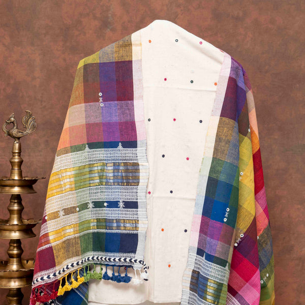 Handloom Kala Cotton Suit Set with Mirror Work & Multicolour Check Dupatta