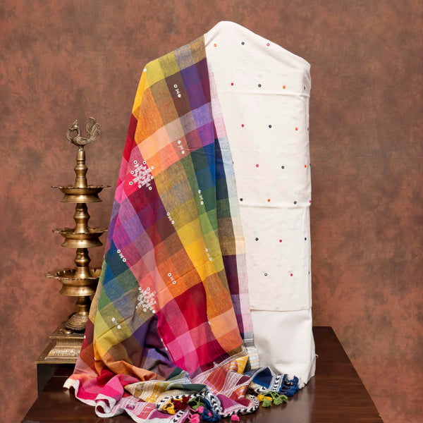 Handloom Kala Cotton Suit Set with Mirror Work & Multicolour Check Dupatta