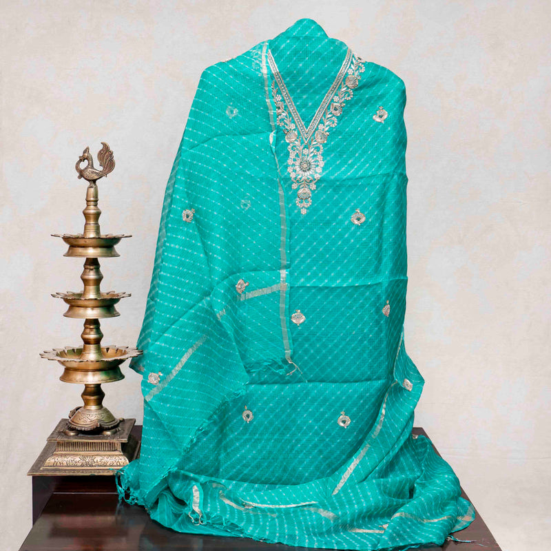 Hand Tie-Dye Kota Silk Kurta & Dupatta with Zari Embroidery