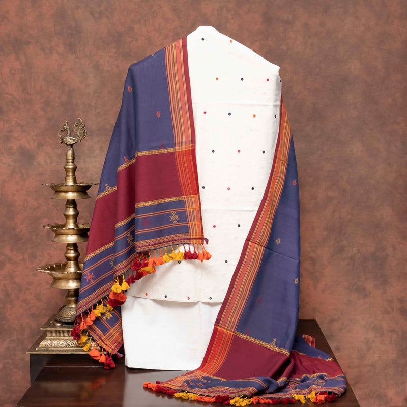 Unstitched Handloom Kala Cotton Mirror Work Suit Set with Kutchi Weave Dupatta