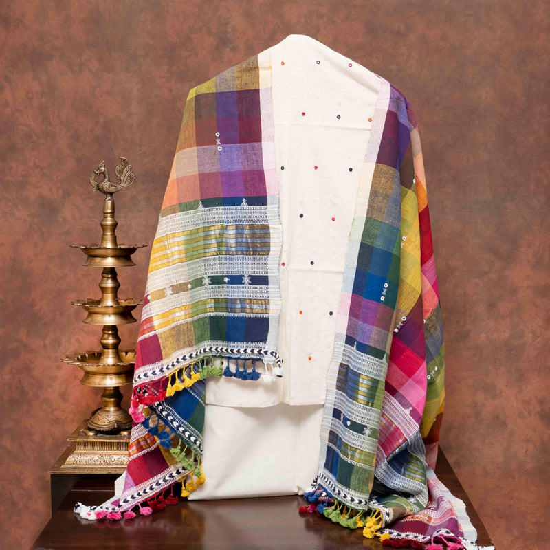 Handloom Kala Cotton Suit Set with Mirror Work & Multicolour Check Dupatta