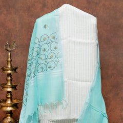 Handloom Linen Suit Set with Silver Zari Stripes & Kashmiri Embroidered Dupatta