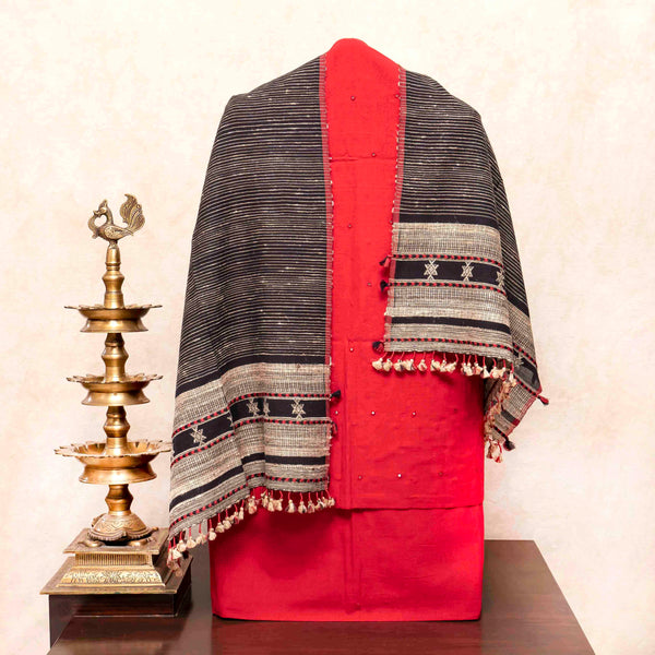 Handloom Kala Cotton Suit Set with Mirror Work & Tussar Weave Stole