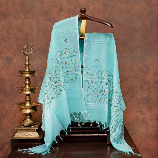 Handloom Linen Suit Set with Silver Zari Stripes & Kashmiri Embroidered Dupatta