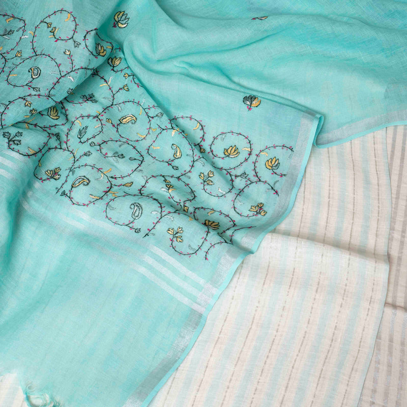 Handloom Linen Suit Set with Silver Zari Stripes & Kashmiri Embroidered Dupatta