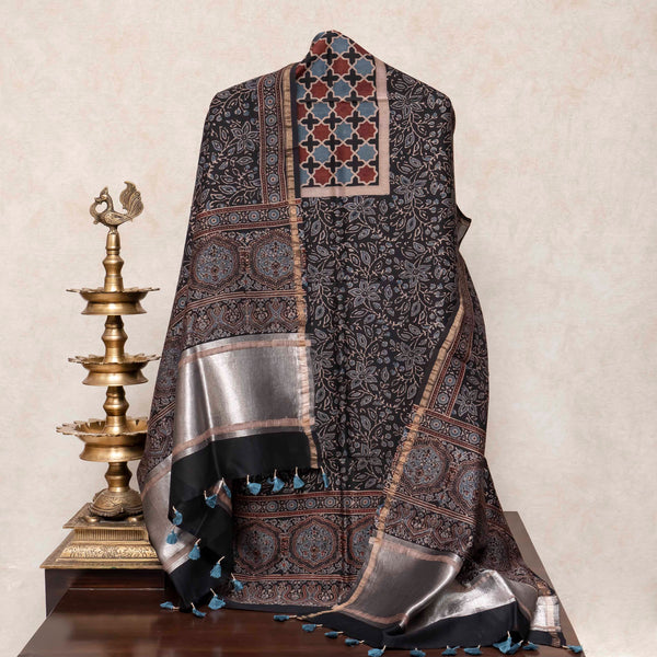 Hand Block Ajrakh Chanderi Silk Kurta Fabric & Dupatta