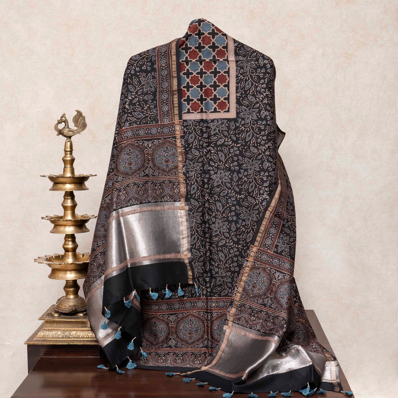 Hand Block Ajrakh Chanderi Silk Kurta Fabric & Dupatta