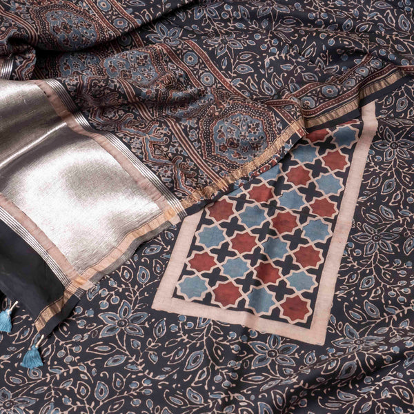 Hand Block Ajrakh Chanderi Silk Kurta Fabric & Dupatta