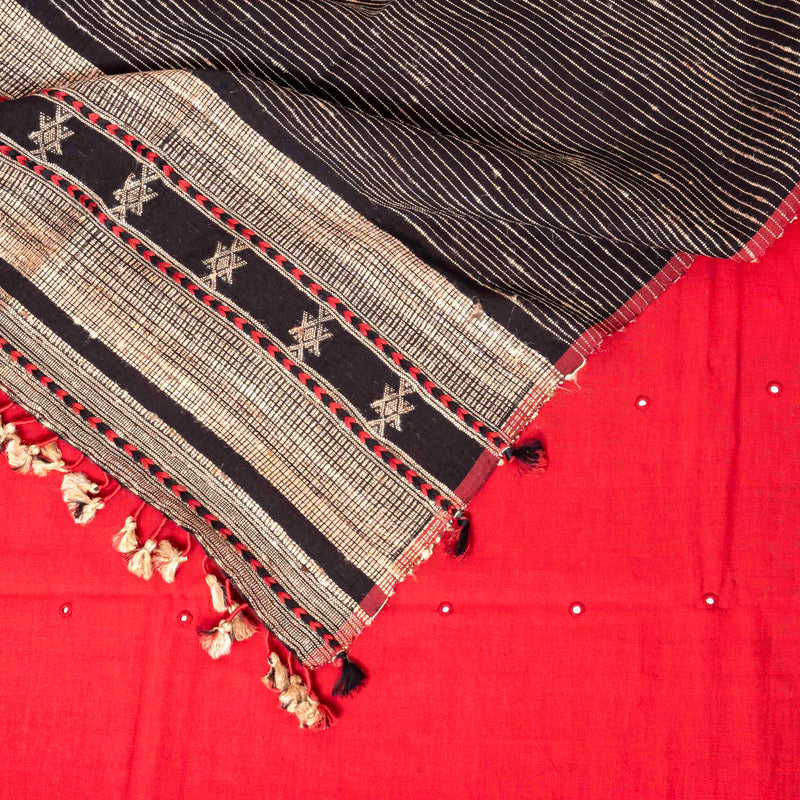 Handloom Kala Cotton Suit Set with Mirror Work & Tussar Weave Stole