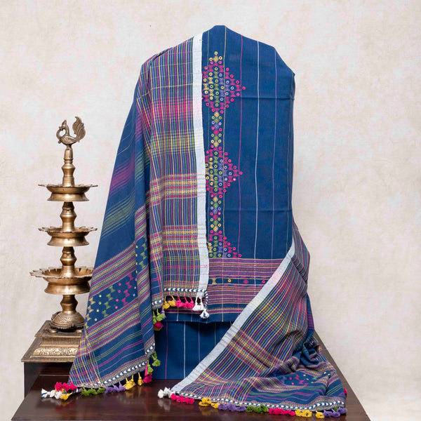 Handloom Kala Cotton Unstitched Suit Set with Mirror Work