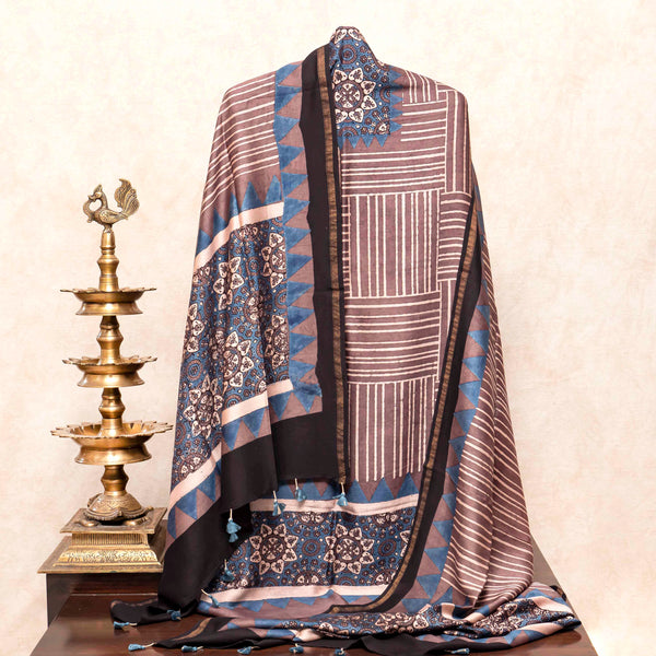Ajrakh Hand Block Chanderi Silk Kurta Fabric & Dupatta