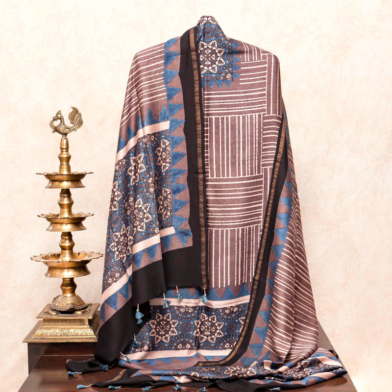 Ajrakh Hand Block Chanderi Silk Kurta Fabric & Dupatta