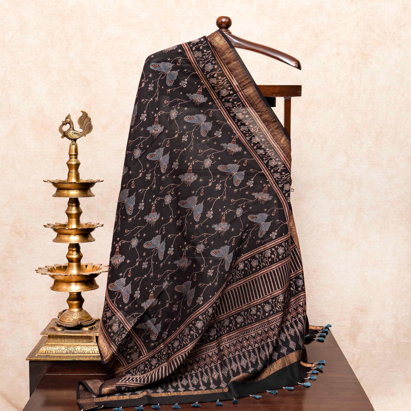Hand Block Chanderi Ajrakh Kurta Fabric & Hand Block Chanderi Ajrakh Dupatta