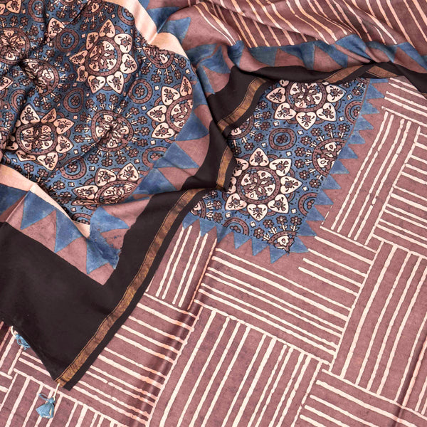 Ajrakh Hand Block Chanderi Silk Kurta Fabric & Dupatta