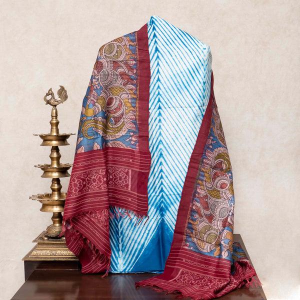 Hand Tie-Dye Chanderi Silk Kurta Fabric with Hand-Painted Kalamkari Tussar Silk Dupatta
