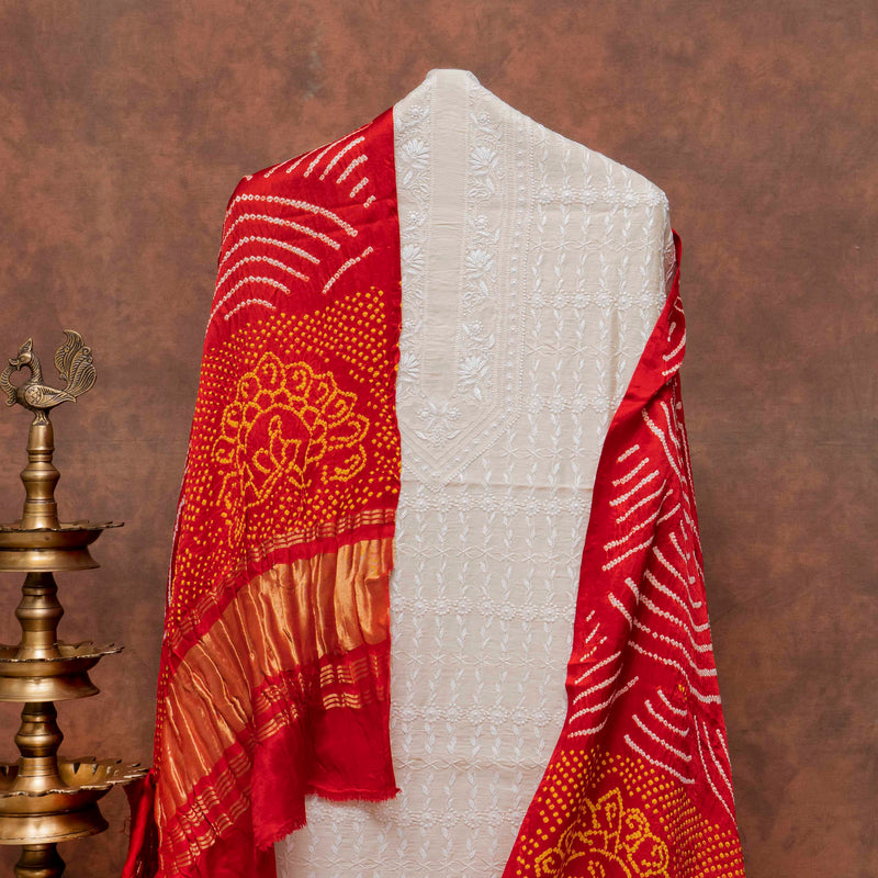 Chikankari Tussar Silk Kurta Fabric with Bandhani Gajji Silk Dupatta
