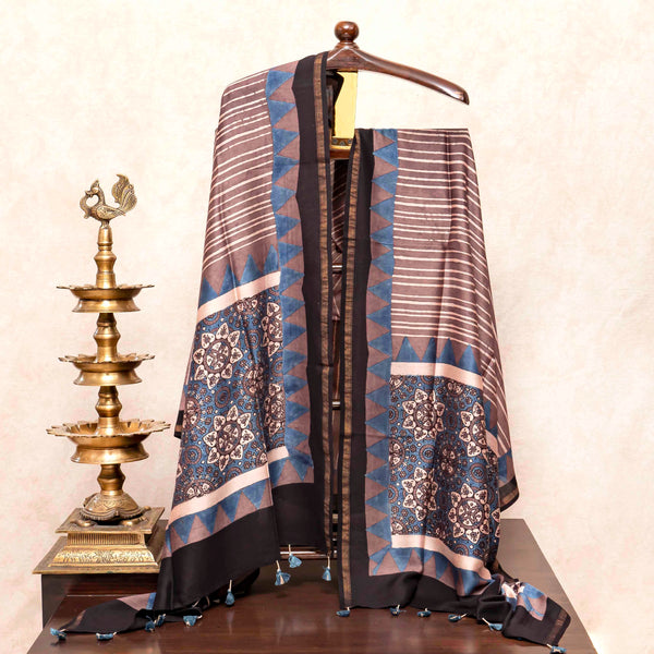 Ajrakh Hand Block Chanderi Silk Kurta Fabric & Dupatta