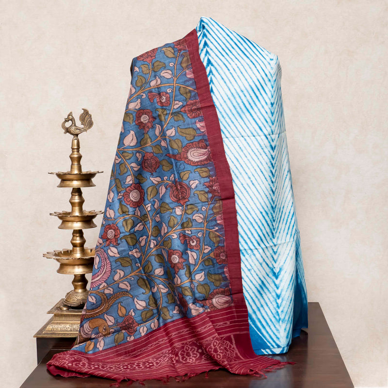 Hand Tie-Dye Chanderi Silk Kurta Fabric with Hand-Painted Kalamkari Tussar Silk Dupatta