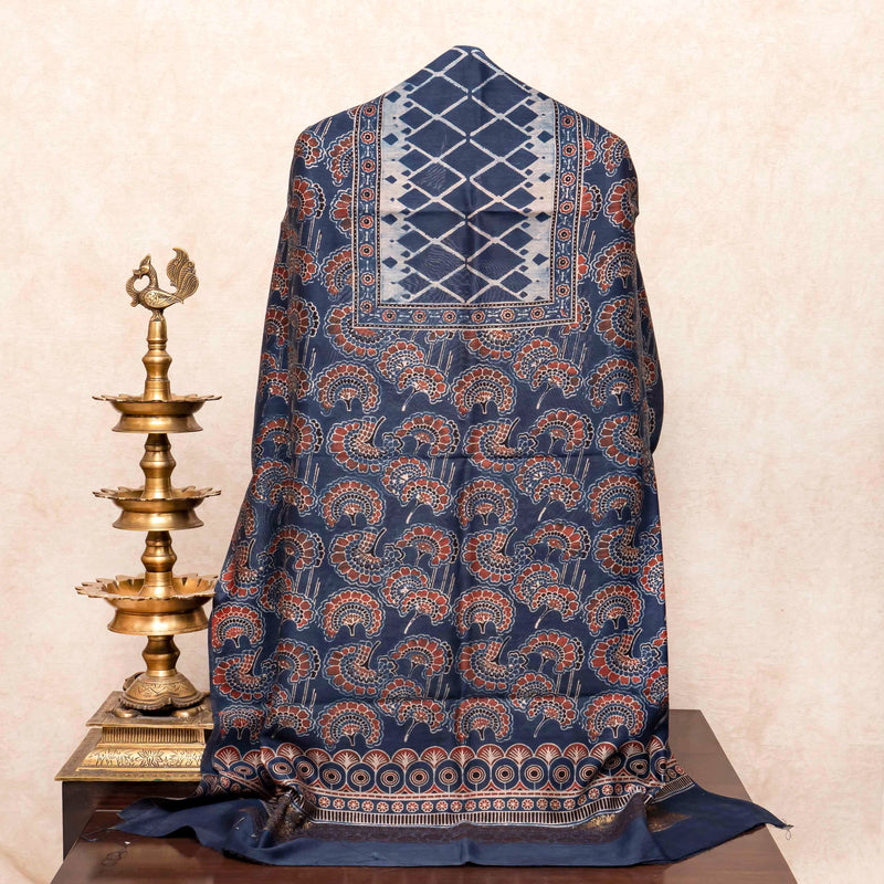 Hand Block Chanderi Ajrakh Kurta Fabric & Hand Block Chanderi Ajrakh Dupatta