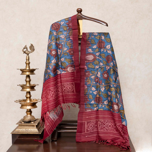 Hand Tie-Dye Chanderi Silk Kurta Fabric with Hand-Painted Kalamkari Tussar Silk Dupatta