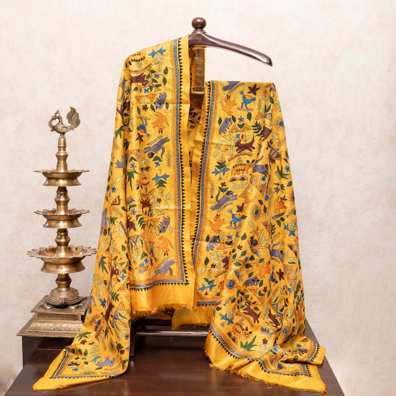 Handloom Khadi Silk Suit Set with Pure Silk Kantha Embroidered Dupatta