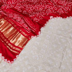 Chikankari Tussar Silk Kurta Fabric with Bandhani Gajji Silk Dupatta