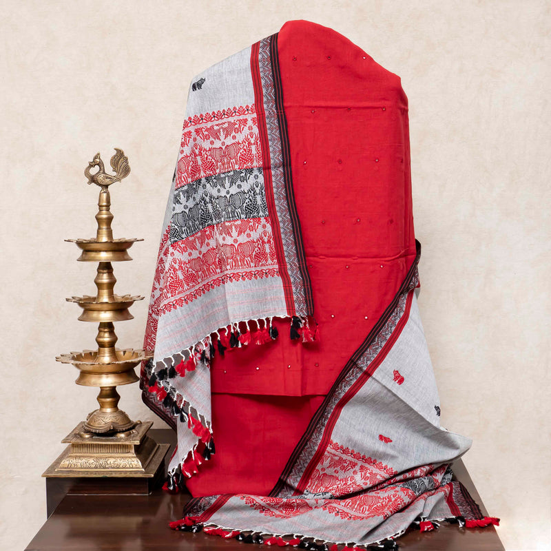 Kala Cotton Unstitched Suit with Mirror Work & Handwoven Dupatta