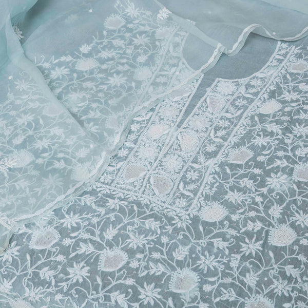 Pure Organza Silk Chikankari Kurta Fabric with Organza Silk Dupatta