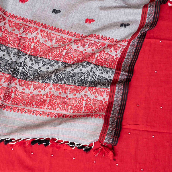 Kala Cotton Unstitched Suit with Mirror Work & Handwoven Dupatta