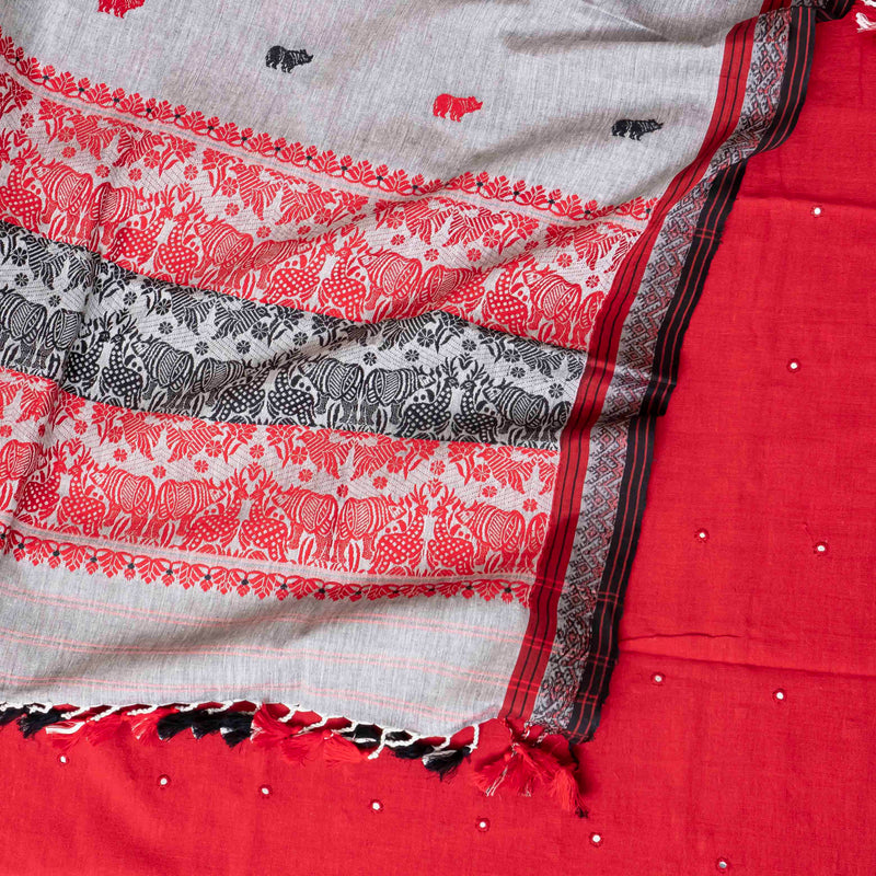 Kala Cotton Unstitched Suit with Mirror Work & Handwoven Dupatta