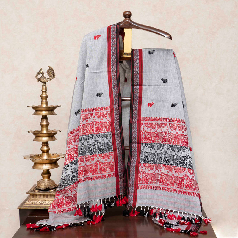 Kala Cotton Unstitched Suit with Mirror Work & Handwoven Dupatta