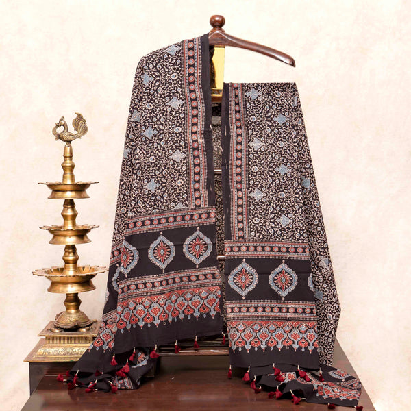 Ajrakh Hand Block Mul Cotton Kurta Fabric & Dupatta