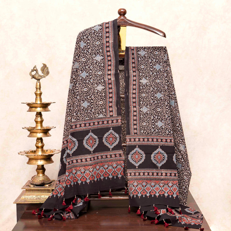 Ajrakh Hand Block Mul Cotton Kurta Fabric & Dupatta