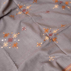 Handwoven Grey Woollen Shawl With Mirror Work