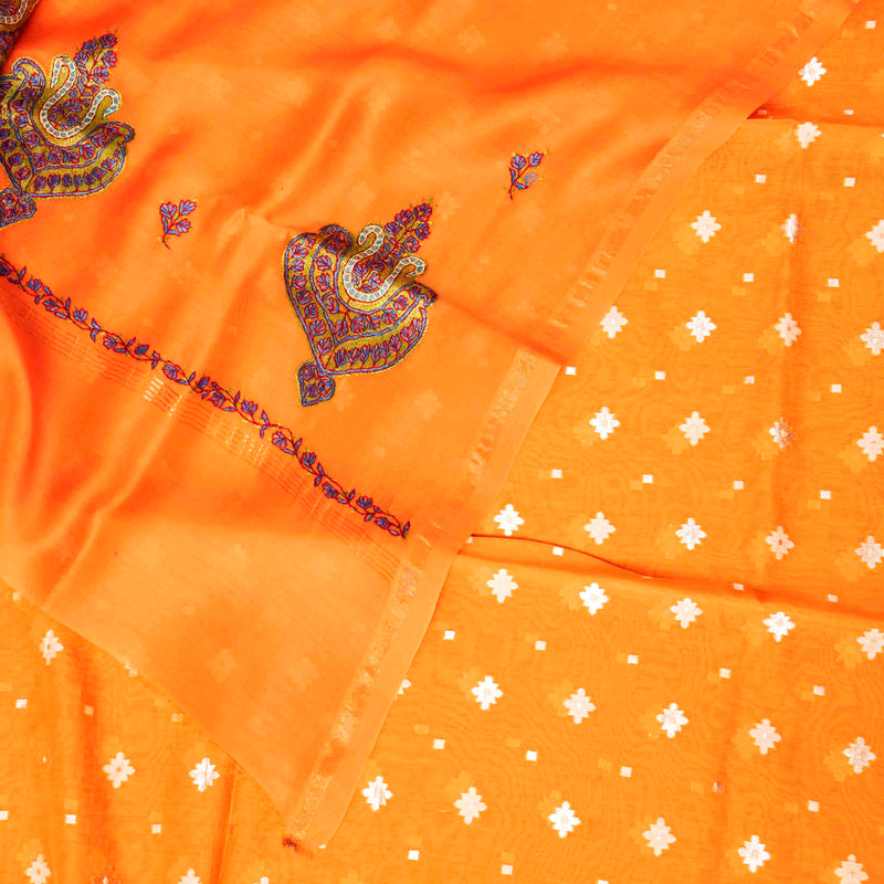 Handloom Jamdani Suit Set with Kashmiri Embroidered Chanderi Silk Dupatta