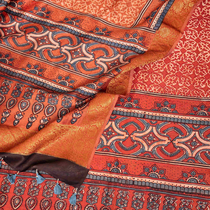 Hand Block Chanderi Ajrakh Kurta Fabric & Hand Block Chanderi Ajrakh Dupatta