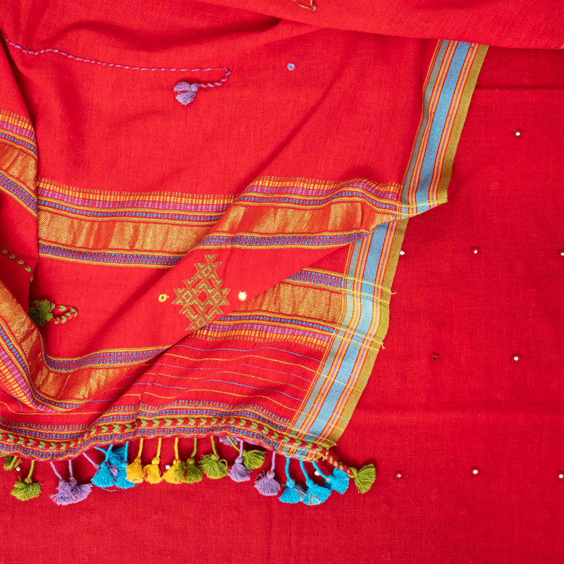 Handloom Kala Cotton Kurta Fabric With Mirror Work, Kala Cotton Bottom & Handloom Kala Cotton Dupatta