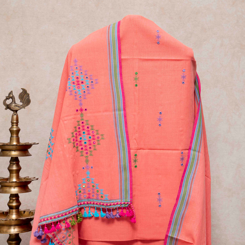 Handloom Kala Cotton Suit Set with Mirror Work – Kurta, Bottom & Dupatta