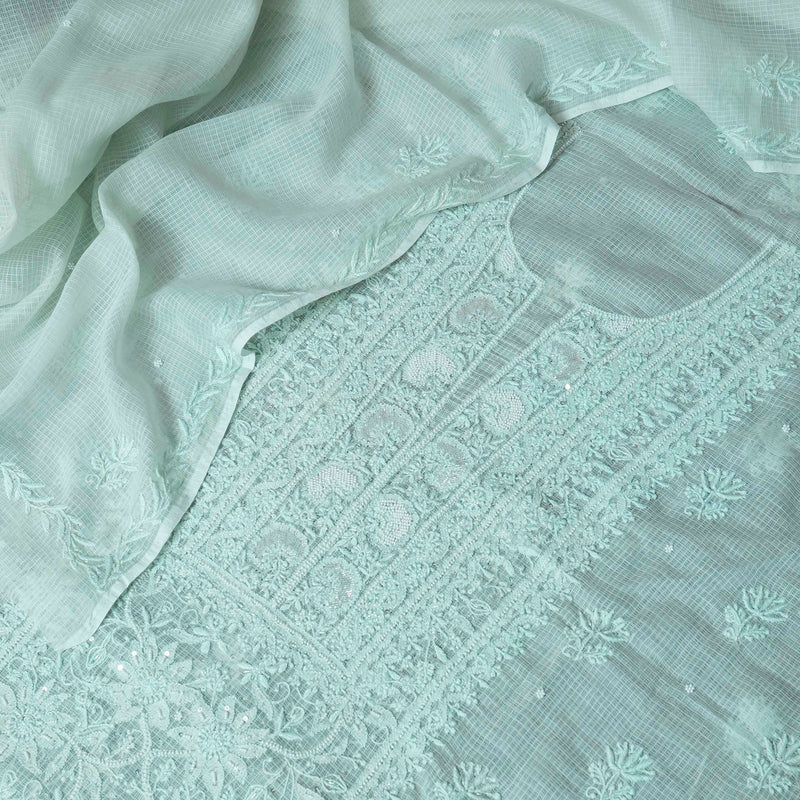 Hand Embroidered Kota Doria Chikankari Kurta & Dupatta