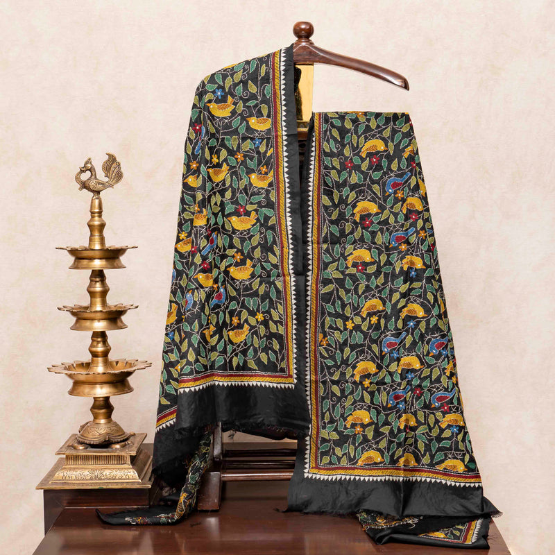 Handloom Tussar Silk Kurta & Bottom with Hand-Embroidered Kantha Dupatta