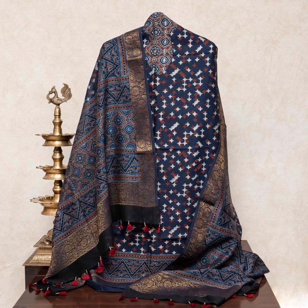 Ajrakh Hand Block Chanderi Silk Kurta Fabric & Dupatta