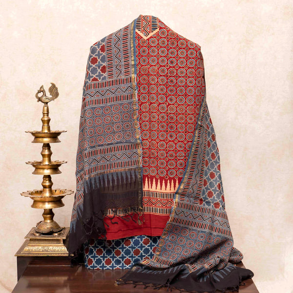 Ajrakh Hand Block Cotton Suit Set with Kota Doria Dupatta