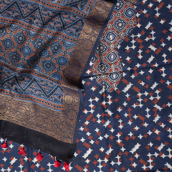 Ajrakh Hand Block Chanderi Silk Kurta Fabric & Dupatta