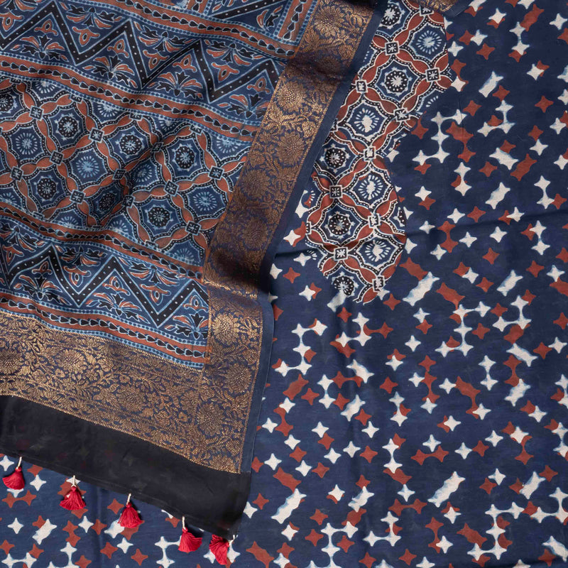 Ajrakh Hand Block Chanderi Silk Kurta Fabric & Dupatta