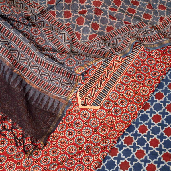 Ajrakh Hand Block Cotton Suit Set with Kota Doria Dupatta