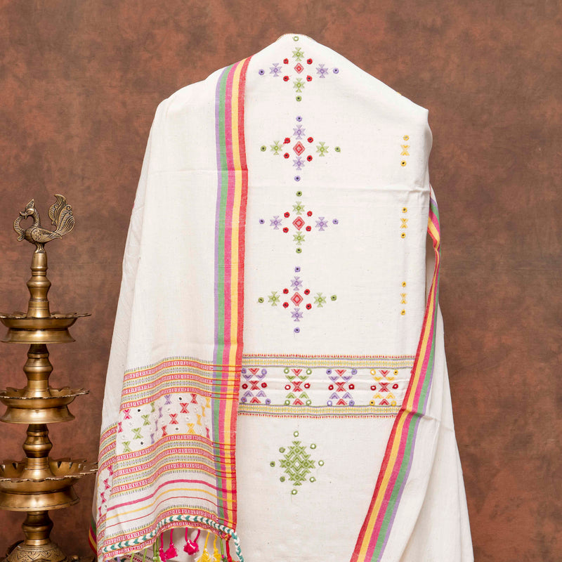 Handloom Kala Cotton Suit Set with Mirror Work – Kurta, Bottom & Dupatta